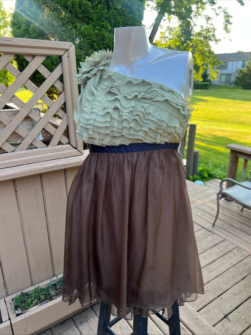 Ryu One-Shoulder Mint and Brown Ruffle Cocktail Dress FLAWED stains -see photo